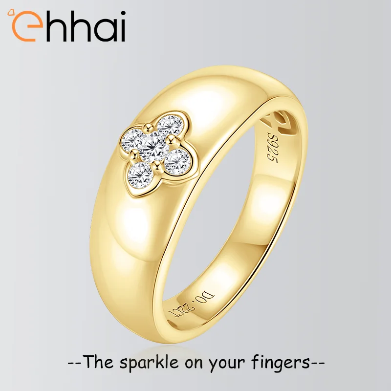 

Ehhai Round Moissanite Four-leaf Clover Chunky Wide Rings for Women 925 Sterling Silver Flower Bands Wedding Fine Jewelry Gifts
