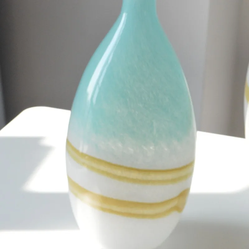 

Blue and white colored handmade, small mouth and big belly, European home dining table, living room glass flower ware