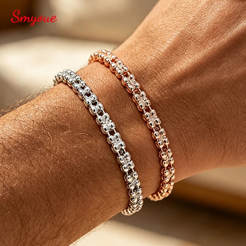 Smyoue S925 Sterling Silver 4MM Box Popcorn Chain Bracelet for Wen Women Stackable Chain Hip Hop Jewelry Adjustable Bracelets