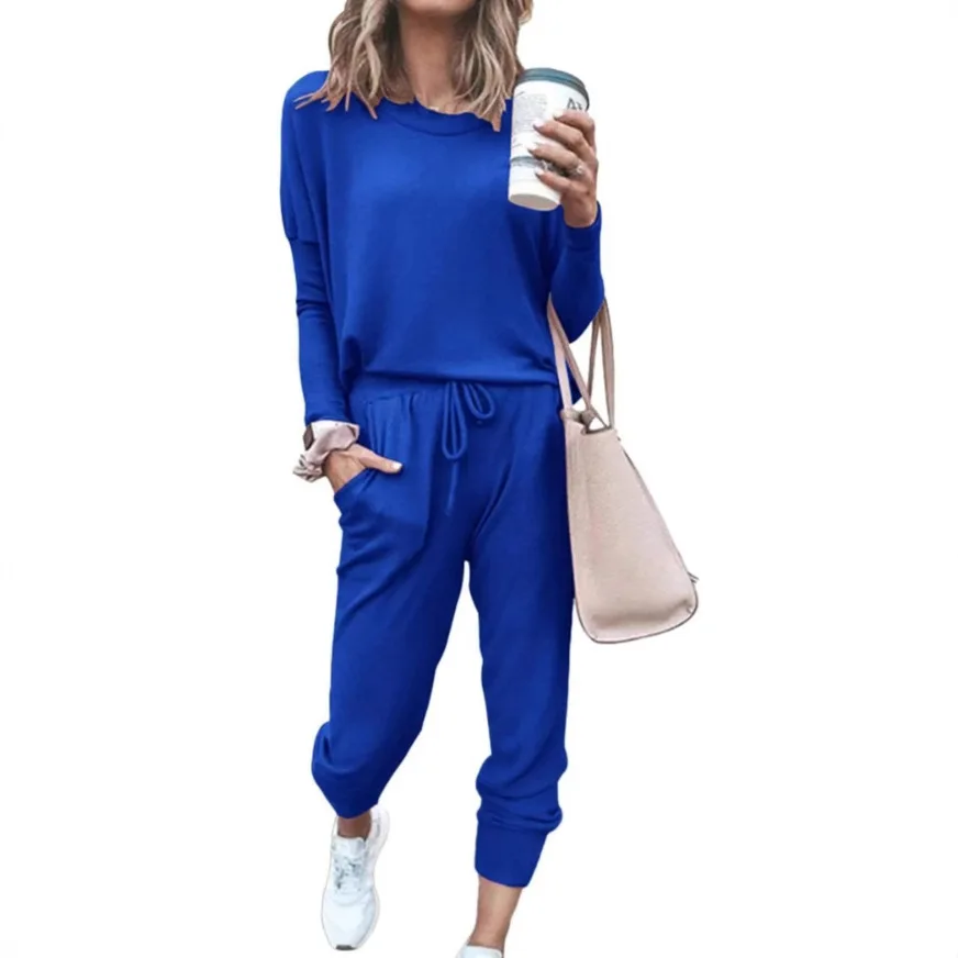 2025 Women's Long Sleeve Round Neck Top And Pants Set Simple Solid Colour Pajama Set Casual O Neck Two Piece Outfit