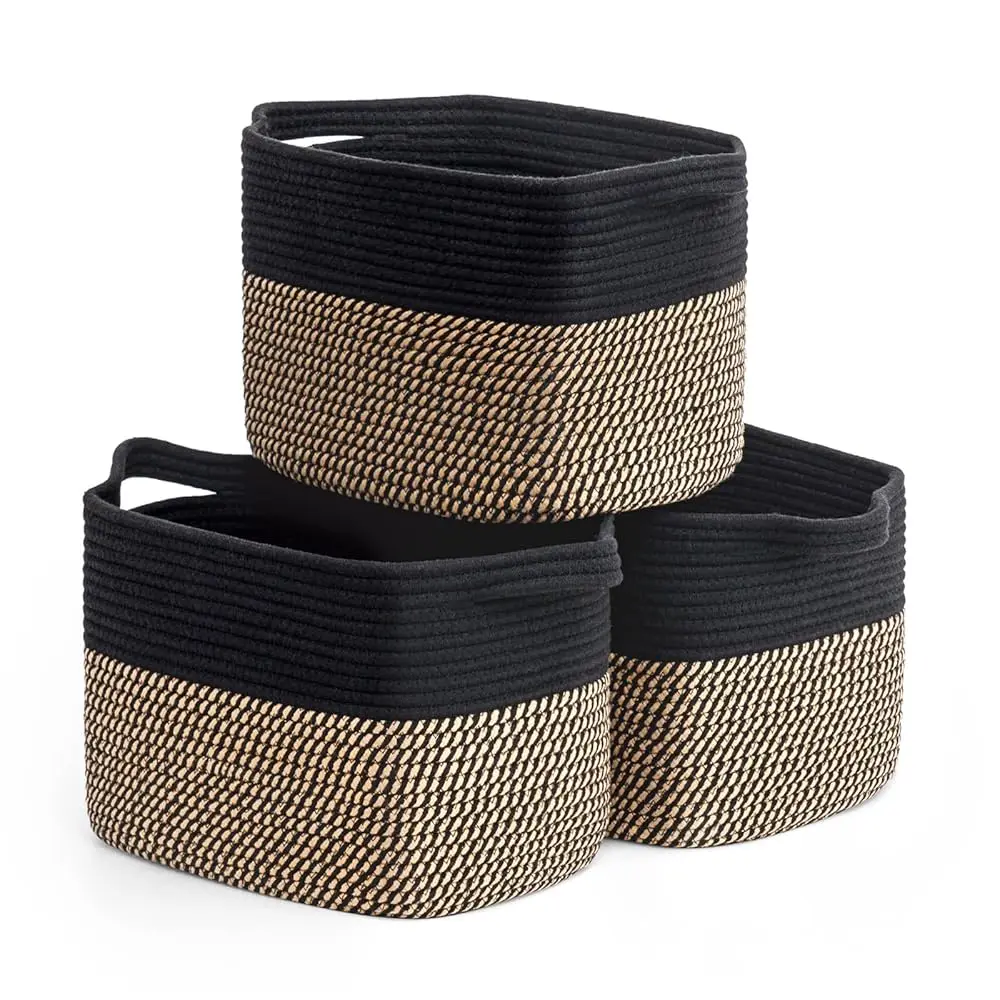 

Bla Woven Rope Basket Set Of 3, Shelf Storage Baskets For Books, Towels, Clothes, Rec Decorative Basket For Living Room,