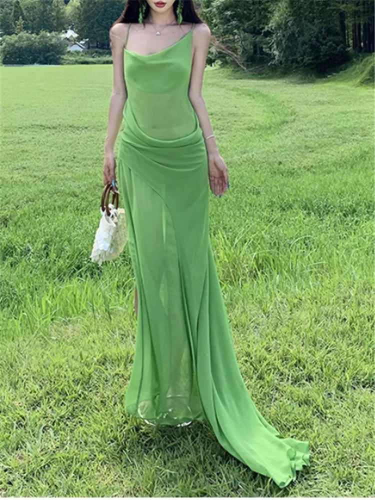 バックレスサマーグリーンメッシュフェアリーホリデーイレギュラーロングドレスノースリーブスイングカラーバケーションビーチフォトメッシュキャミソールドレス