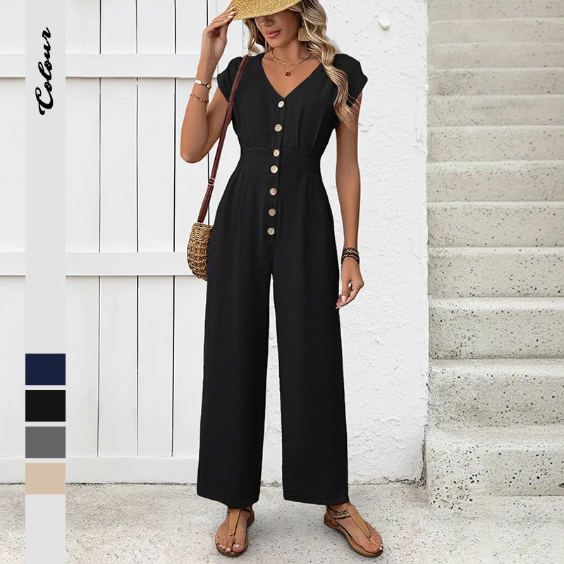 

2026 Summer New Style Resort Minimalist Jumpsuit with Slim Waist V-Neck Solid Color Wide Leg One Piece Outfit Women