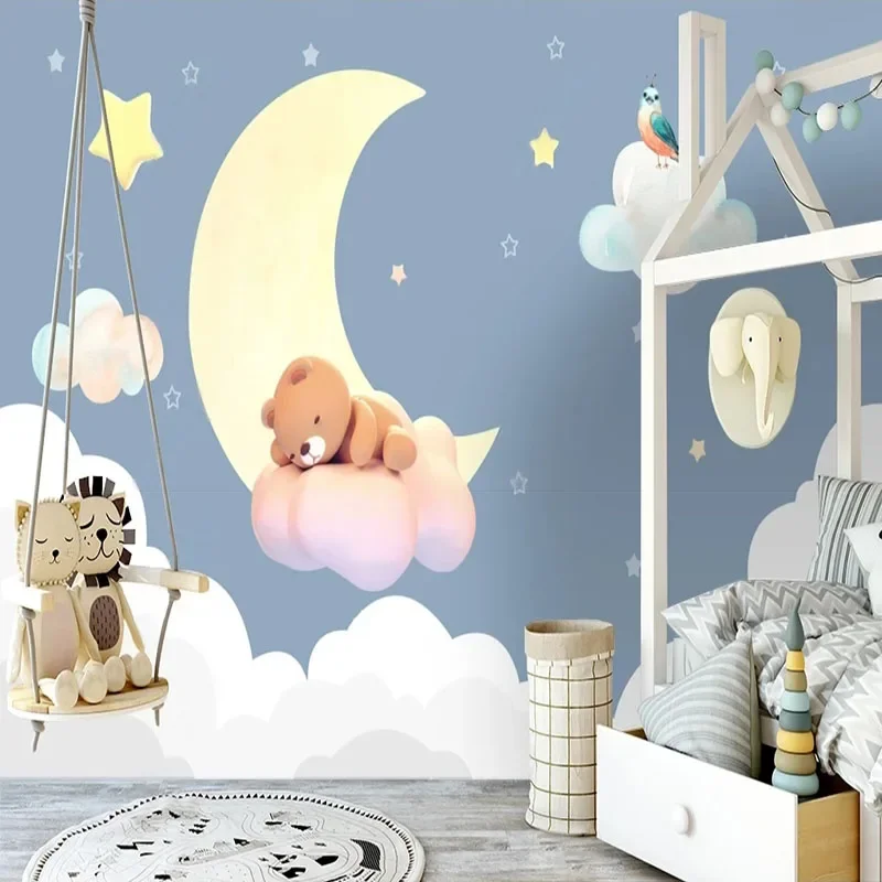 Personalizado 3D moderno Simple nórdico dibujado a mano Oso De dibujos animados Luna cielo fondo para habitación De niños Papel De pared Tapety Fresco