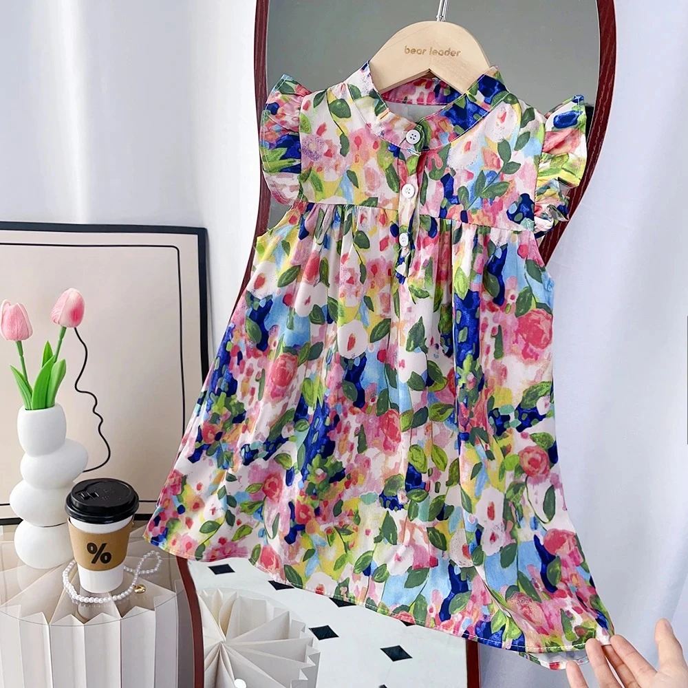 

Летняя новая модная одежда для девочек, свободное платье трапециевидной формы без рукавов с круглым вырезом и принтом, 1 шт., повседневная одежда для детей от 2 до 7 лет