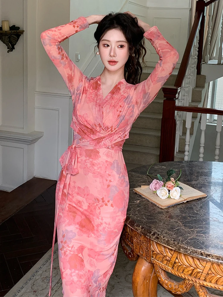 Women Clothes Sweet Mesh Floral Print V-Neck Slim Bandage Midi Pencil Dress Elegant Commute  Vestidos Robe Casual Autumn Korean