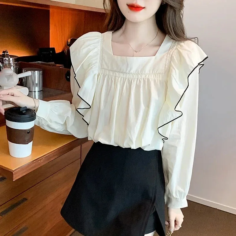 Shirts Women Ruffles Autumn Sweet All-match Square Collar Loose Solid Pleated Streetwear Skin-friendly Comfortable