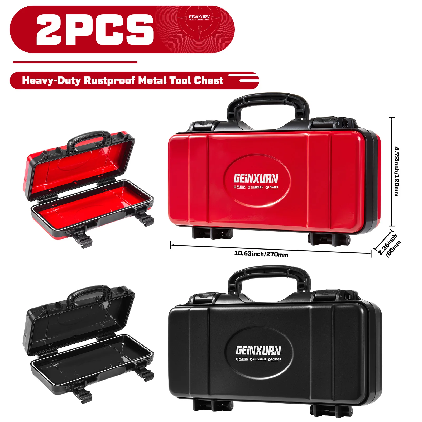 Geinxurn 2PCS Red & Black Portable Metal Tool Boxes, Waterproof Security Hard Case, for DIY
