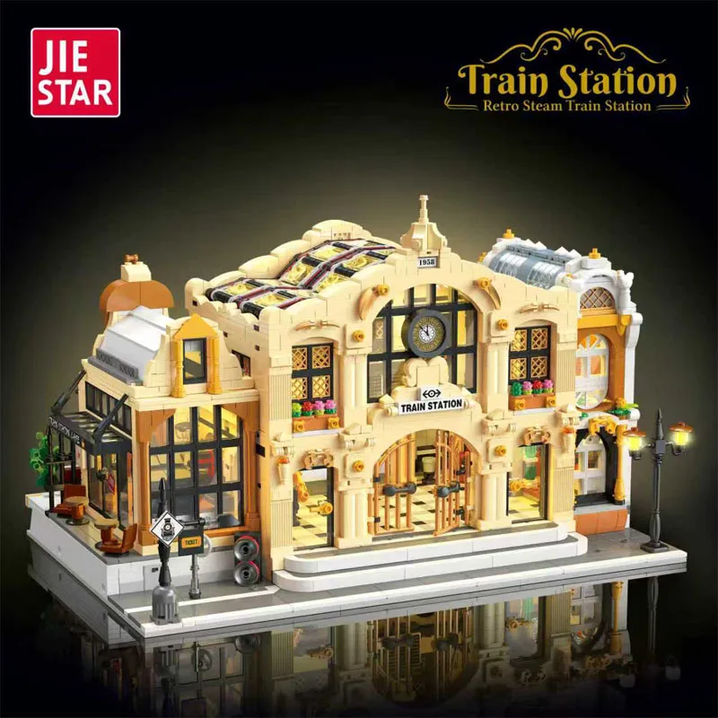 

Набор для сборки 3220 деталей MOC: Ретро-паровая железнодорожная станция (вид на городскую улицу), конструктор, детские игрушки, подарочный набор на день рождения