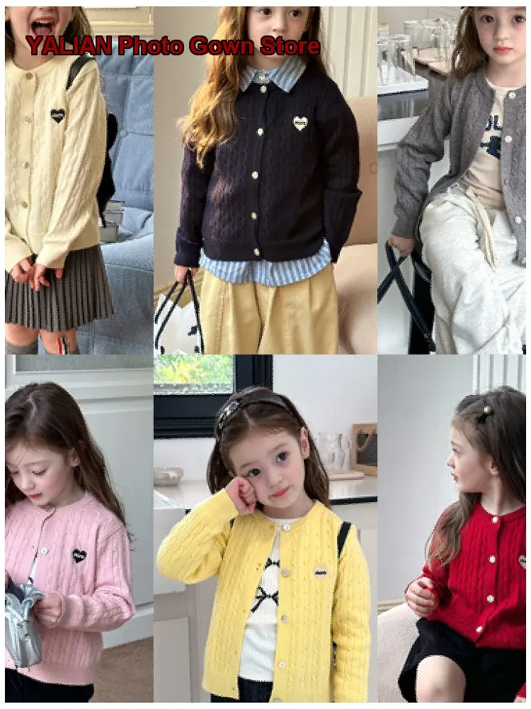 Girls Cardigan Spring Autumn Middle-Large Age Elegant Knit Top with Twisted Pattern Kids