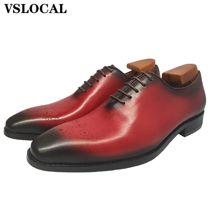 

Classic Men's Oxford Shoes Red Black Handmade Polish Lace Up Pointed Toe Mens Dress Shoes Genuine Leather Shoes For Men