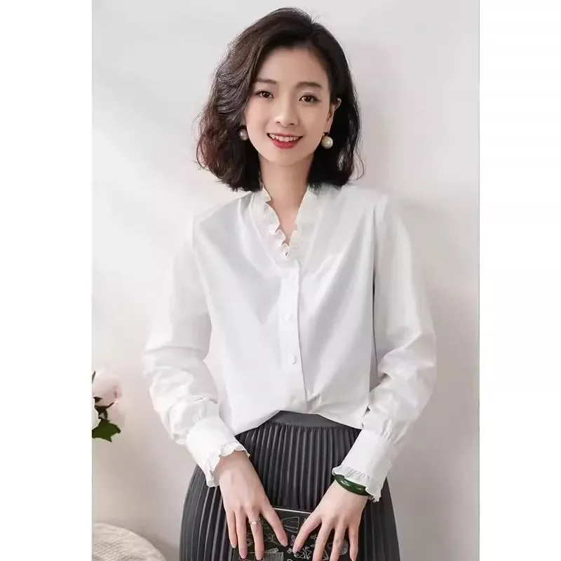 

Women's Elegant Solid Color Ruffled V Neck Shirt Fashion Luxury Long Sleeve Blouse Casual Chic Top