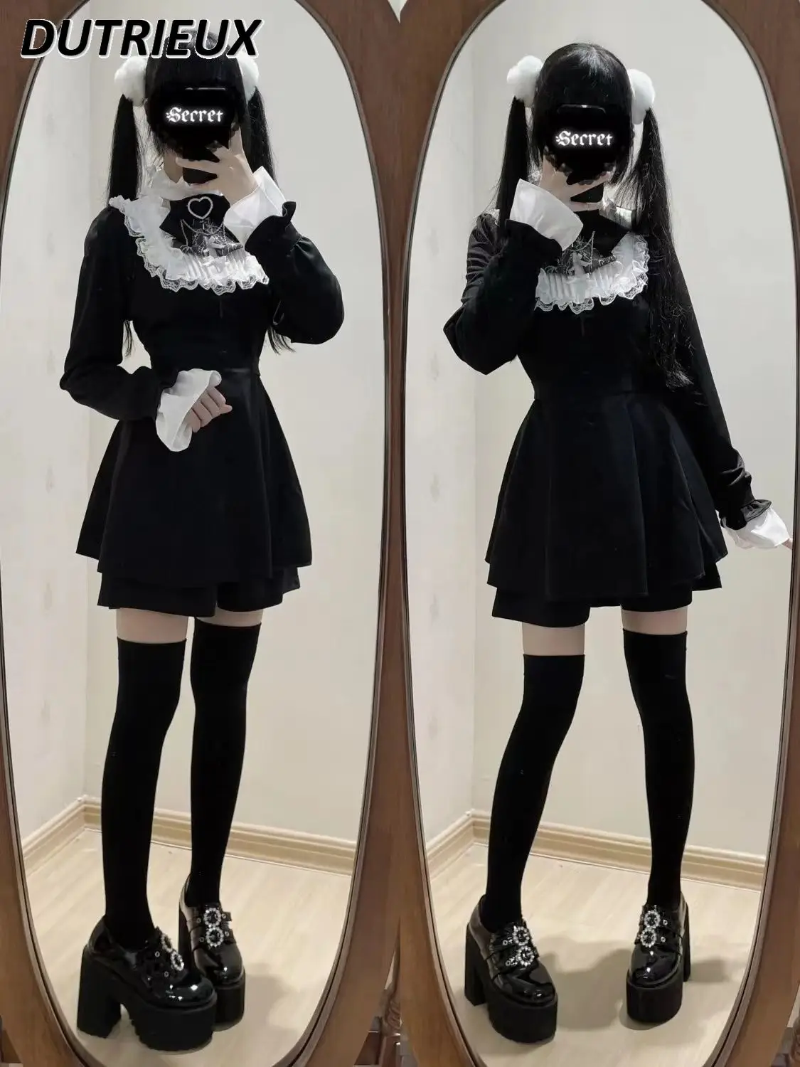 Lolita Mine Lace Long Sleeve Embroidered Cinched Patchwork Lace Dress Black Slimming Bow Shirt and Base Shorts Two Piece Set