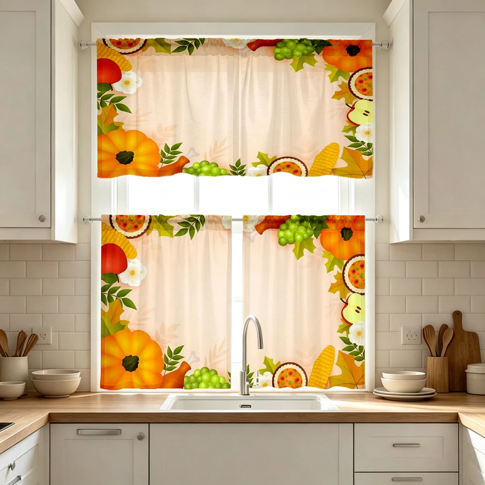 Thanksgiving Fall Kitchen Curtains, Harvest Fruit Frame, Digital Print, Kitchen Dining Room, Rod Pocket Polyester, Home Decor