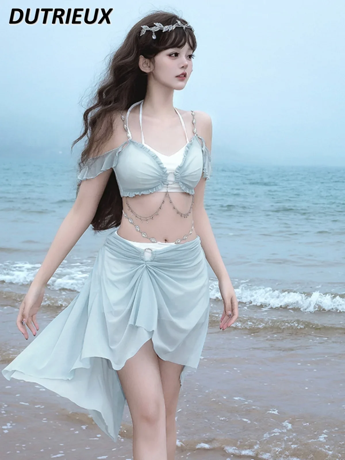 Summer New Pure Desire Style Japanese Cute Swimsuit Lolita Sweet Girl Solid Color Suspender Top and Short Skirt Two-piece Set