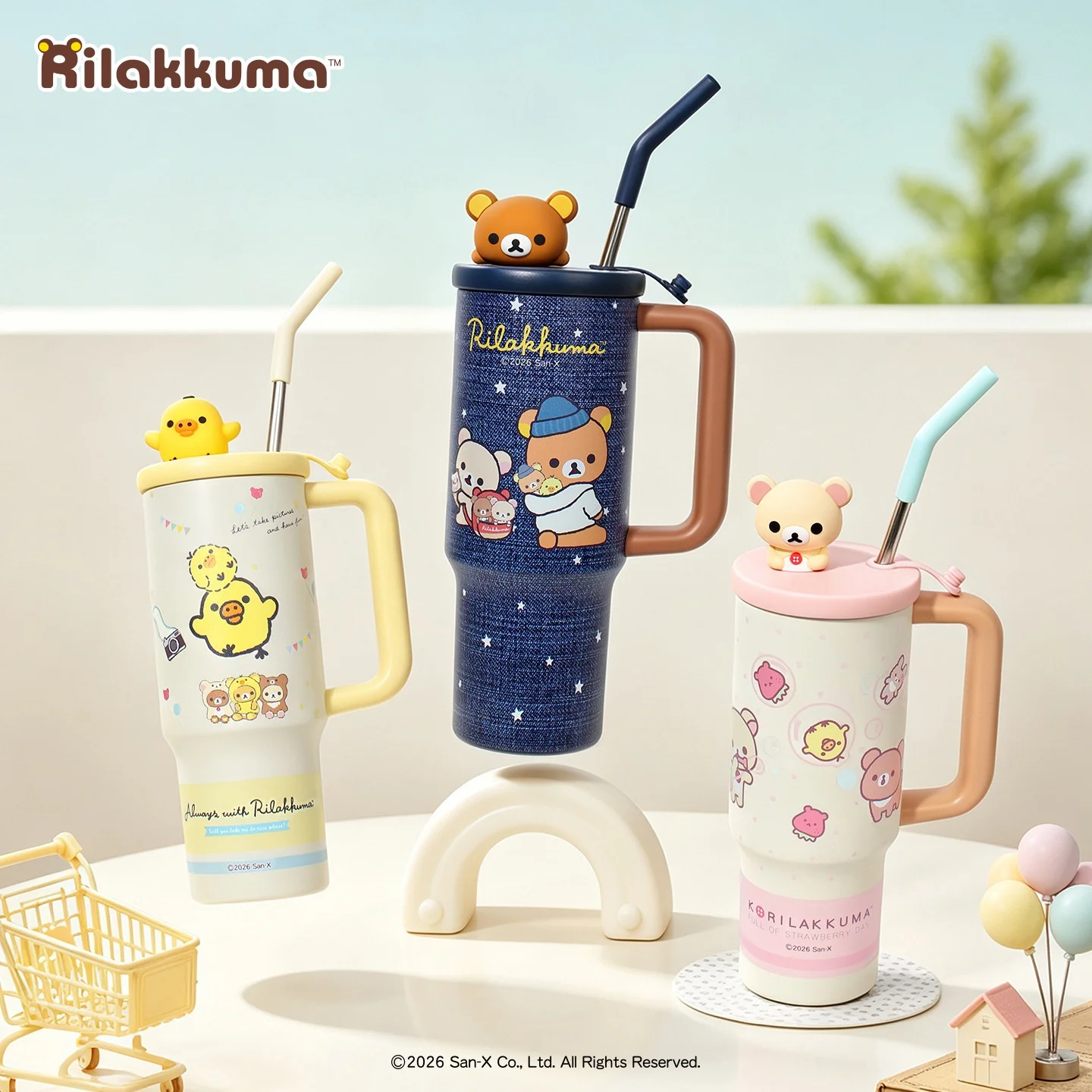 Borraccia in Acciaio Inox Rilakkuma di Grande Capacità, Tazza Termica con Cannuccia, Bicchiere da Viaggio Portatile con Motivo Cartoon