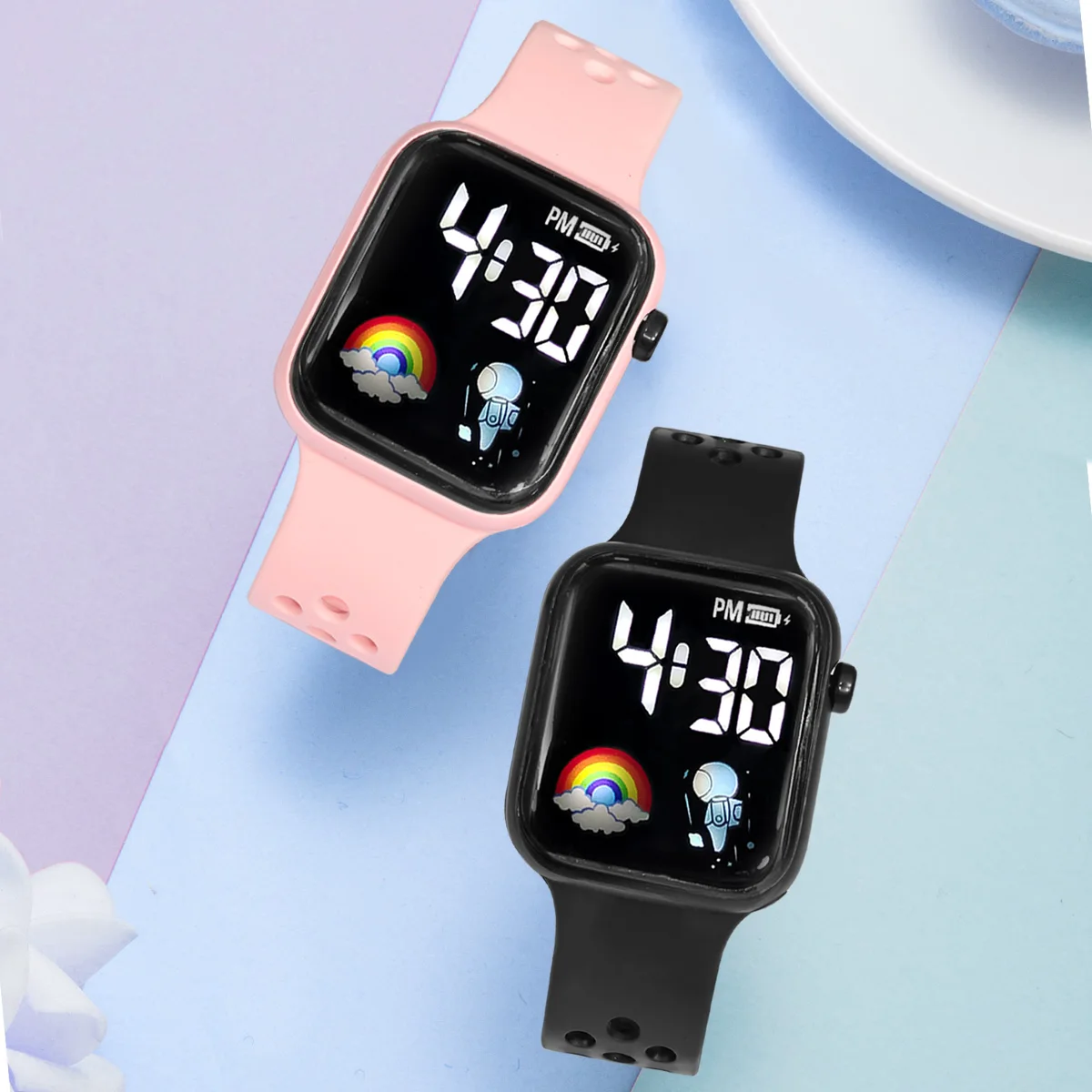 2PCS Smart Watch for Boys and Girls Couple Pair Watch Leisure Sports Rainbow Digital Watch Watch Gift