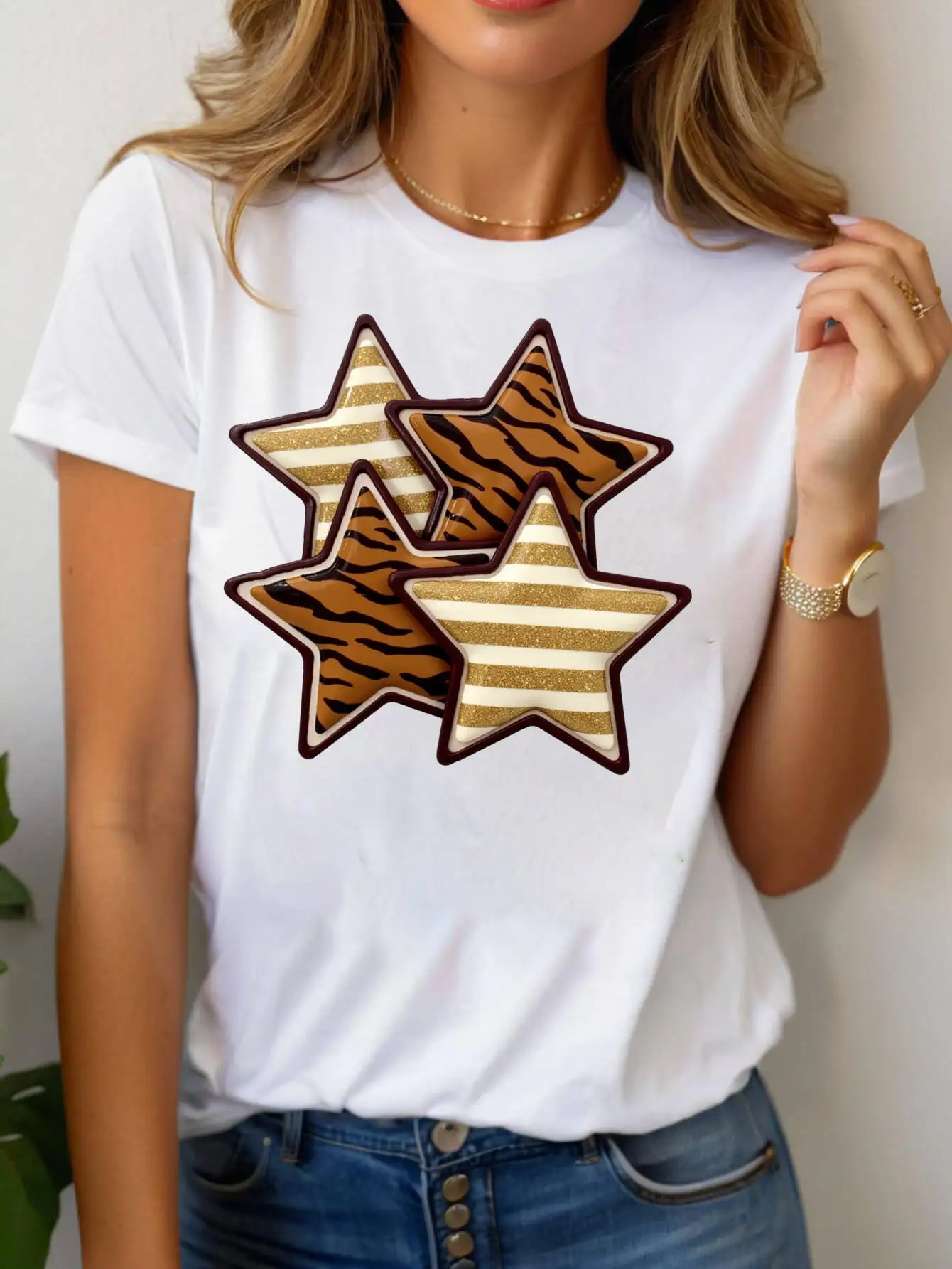 Star Print Tiger Stripe Gold Stripes Design Round Neck y2k Short Sleeve tops tee female tshirt Casual Style Women's T-Shirt