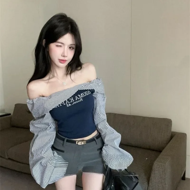 

Американские ретро полосатые приталенные рубашки женские Y2k с открытыми плечами и длинными рукавами блузки корейская мода топы с буквенным принтом Mujer