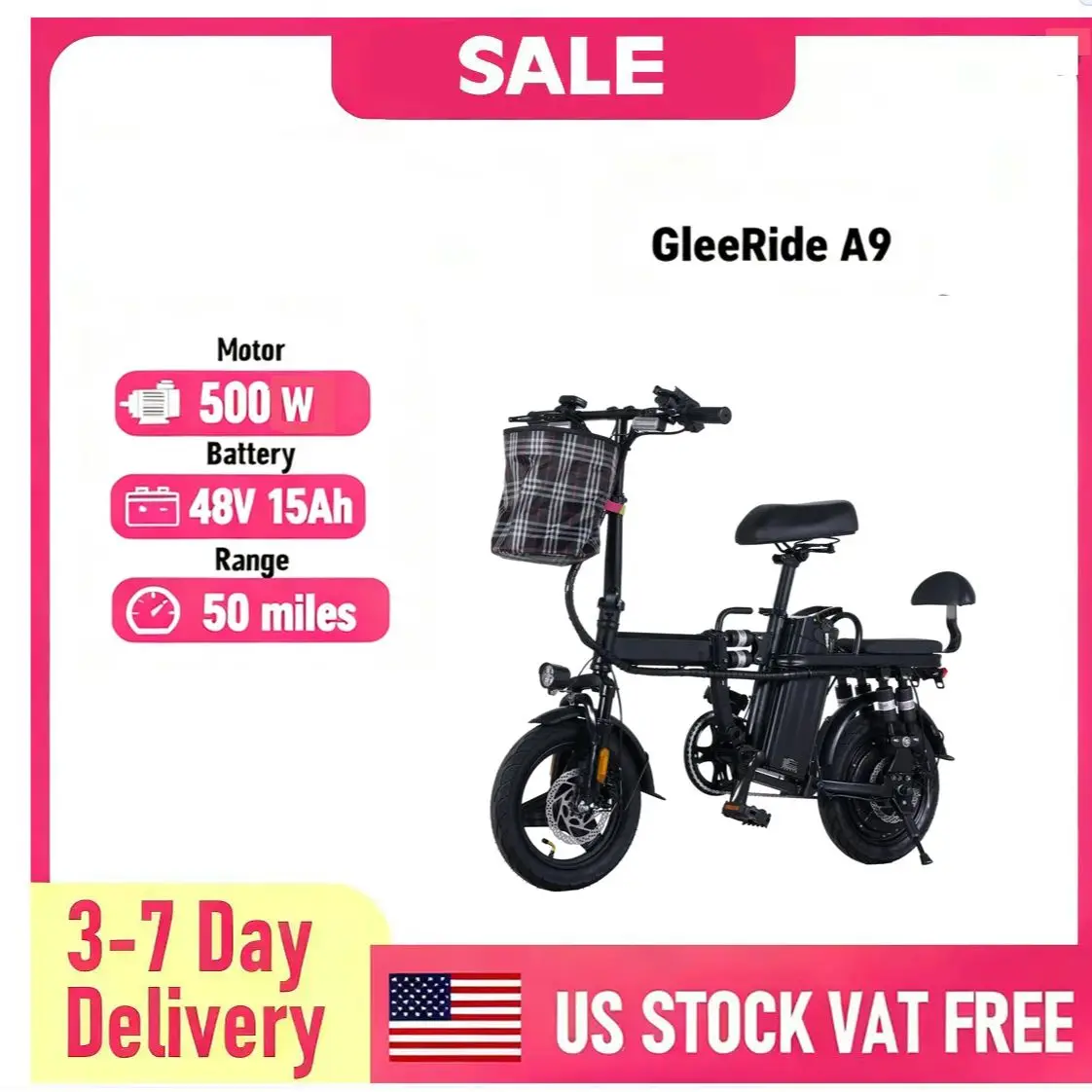 

GLEERIDE A9 14" Mini Folding Electric Bike 750W Peak Motor 48V 15Ah Battery