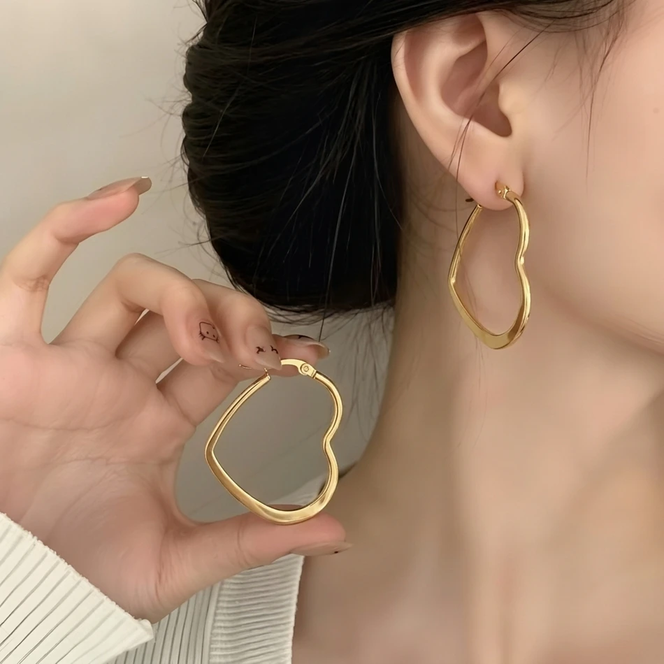 Trendy Stainless Steel Hoop Earrings for Women Heart Hexagon Round Shape Gold Color Daily Wear Fashion Accessory Street Style
