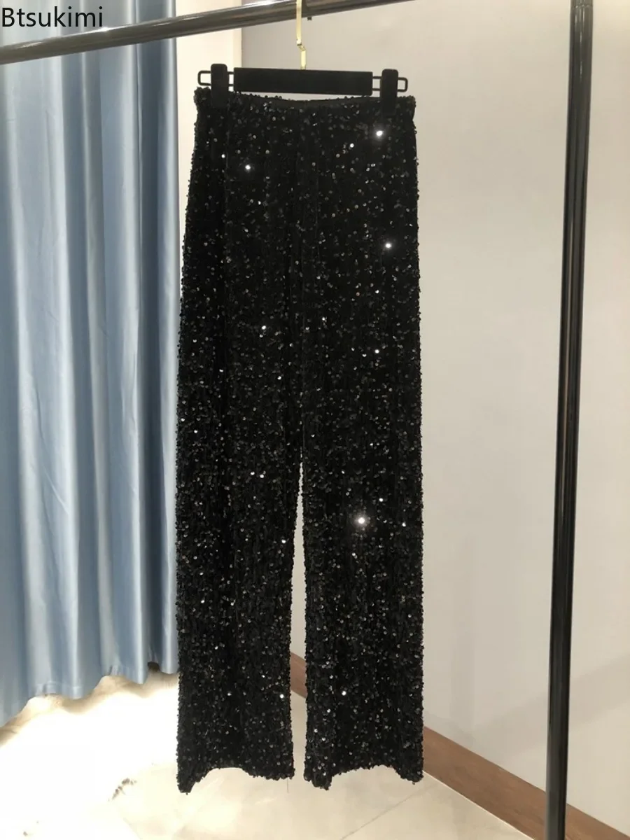 2025 Pantaloni da donna con paillettes nere argento caldo ispessimento Pantaloni glitter autunno inverno Pantaloni scintillanti Pantaloni da clubwear per feste Donna