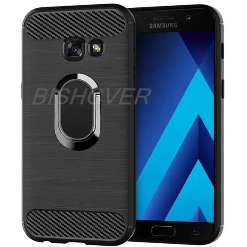 Soft Silicone Carbon Fiber Brushed Case For Samsung Galaxy A5 A3 A7 2017 SM A320F A520F A720F Ring Holder Stand Protective Cover