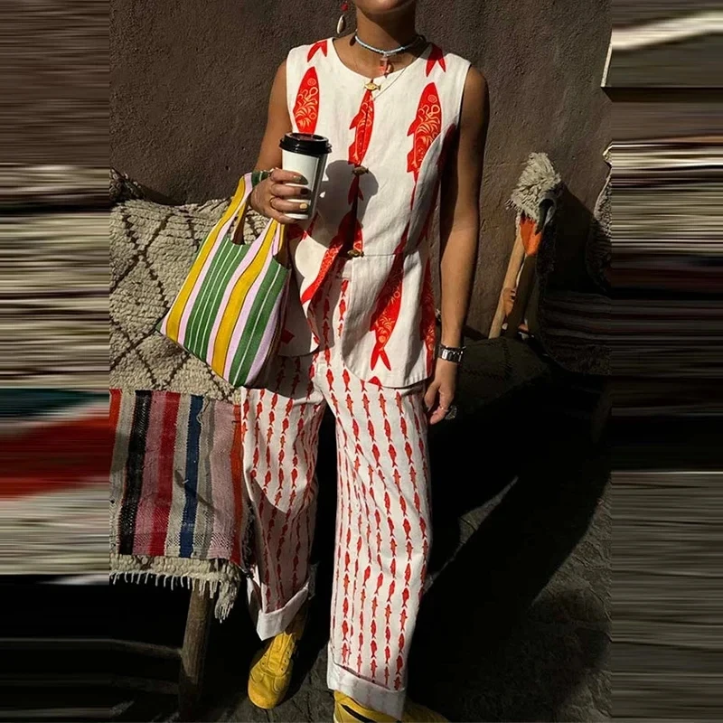 

Retro Women Fashion Pattern Printed Loose Linen Outfits Elegant Button Casual Sleeveless Tops&Straight Leg Pants Vacation Suit