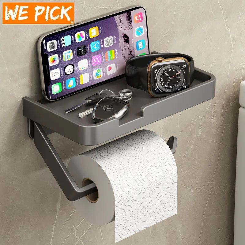 WEPICK Toilet Paper Holders with Phone Shelf Self Adhesive Toilet Paper Roll Holder Bathroom Aluminum Tissue Paper Roll Holder