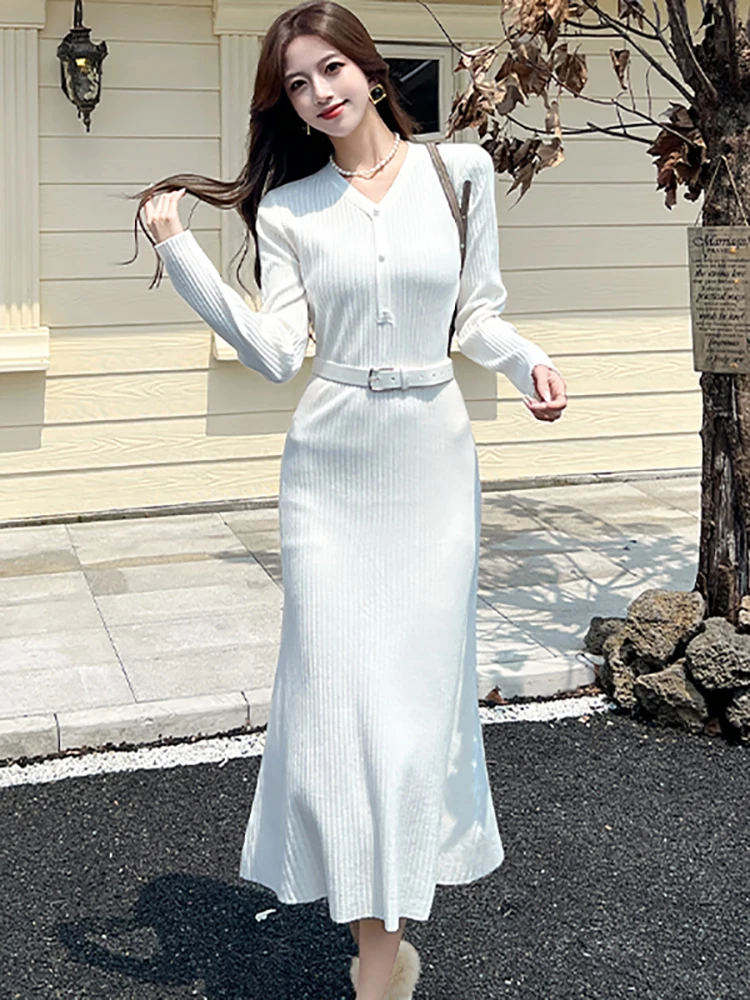 

Женское корейское винтажное элегантное праздничное платье, осень-зима, белое вязаное платье-свитер, 2025 облегающее шикарное длинное платье с повязками