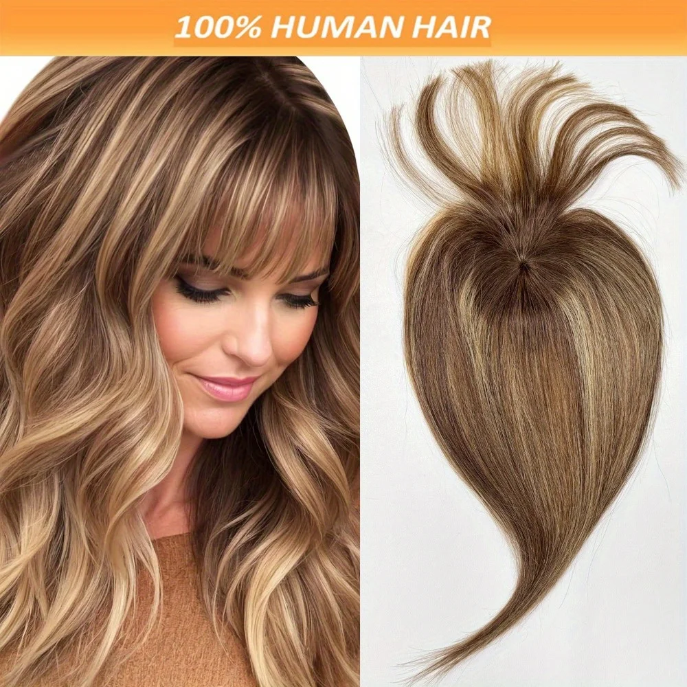 

Топпер для волос на кружевной основе для женщин, человеческие волосы с бахромой и центральной частью | 10x12см 14 дюймов # 4/27 Коричневый Блондин Омбре