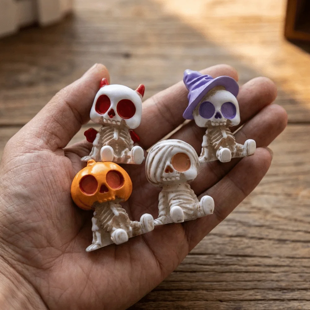 4pcs/set Resin Material Halloween Figurines Cute Design Collectible Skeleton Ornaments Pumpkin Mummy Ghost Spooky