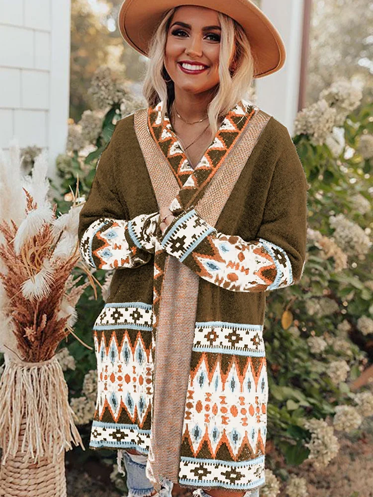 Geometry Vintage Knitted Sweater Cardigan Blue Open Front Autumn Spring Women Ethnic Boho Ladies Long Jumper Sweaters