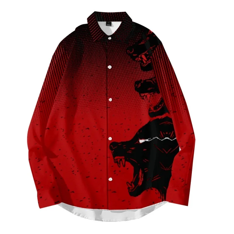 

Autumn Fashion Casual Long Sleeve Loose Shirt Streetwear Tops New Men Red Wolf Print Button Shirt Blouse