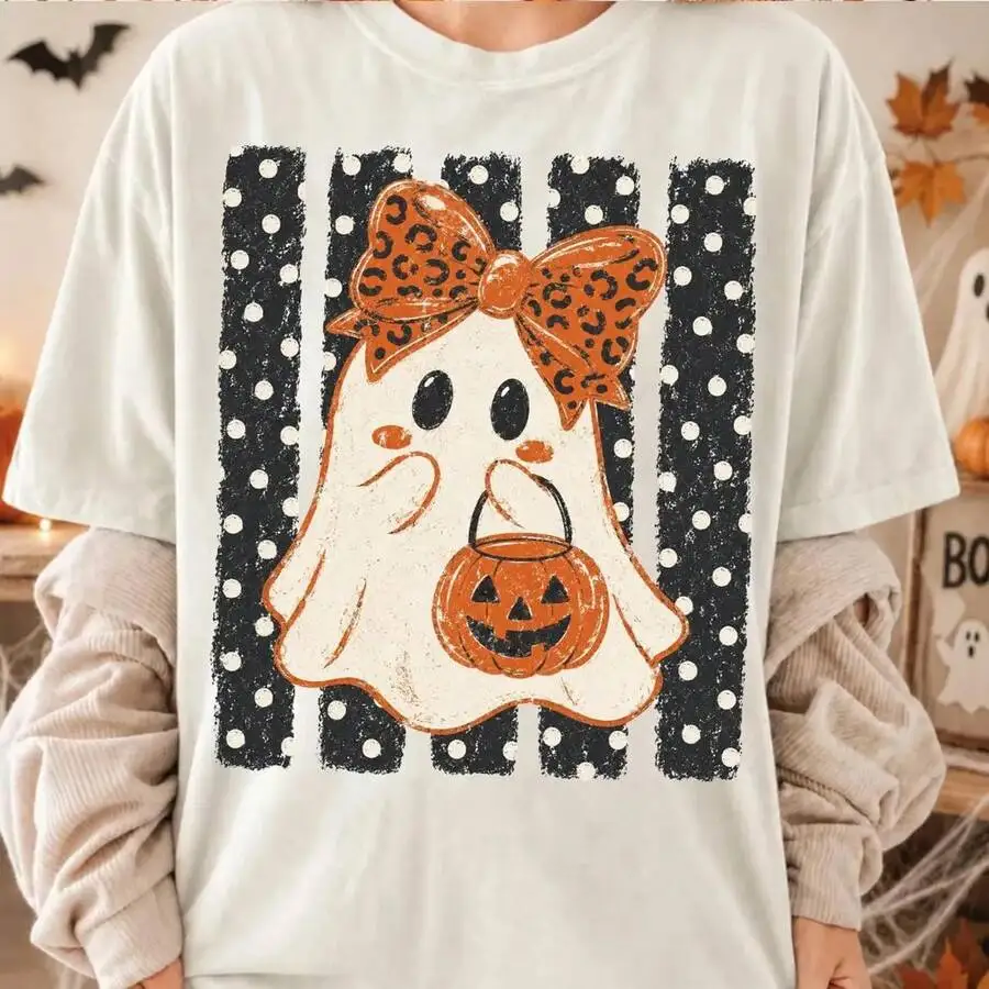 Women's Crew Neck Short Sleeve Fall Halloween Casual T‑Shirt Spooky Cute Ghost Leopard Bow Pumpkin Polka Dot Stripe Graphic Print Tee Top