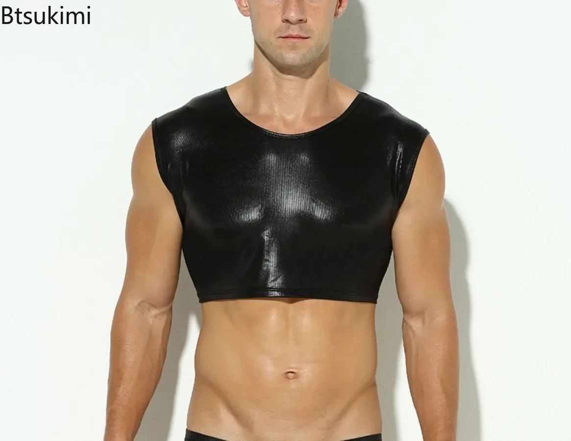 Men's Faux Leather Tank Tops Sleeveless O-Neck Stage Runway Perform Tight Fitting Sports Tops Solid Color Sexy High Stretch Vest