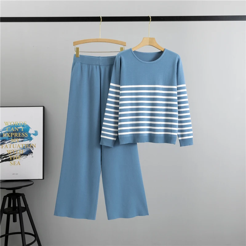 New In Autumn Winter Women Knitted Suit Striped Tops Wide Leg knit pantst Waist Loose Set 2-piece Set Casual Clothes for Women