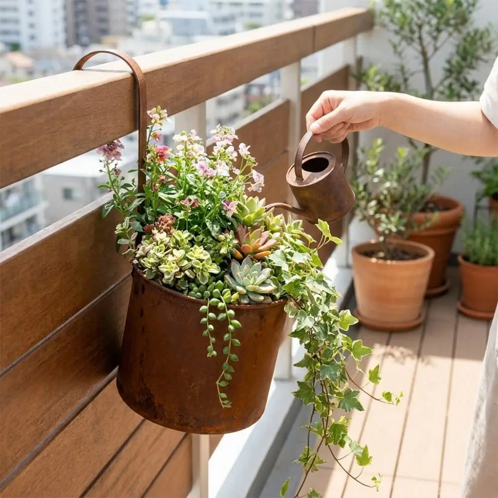 Handcrafted Wall Hanging Flower Bucket Rusted Iron Unique Hanging Flowerpot Rust-Proof Antique Styles Plant Hanging Basket
