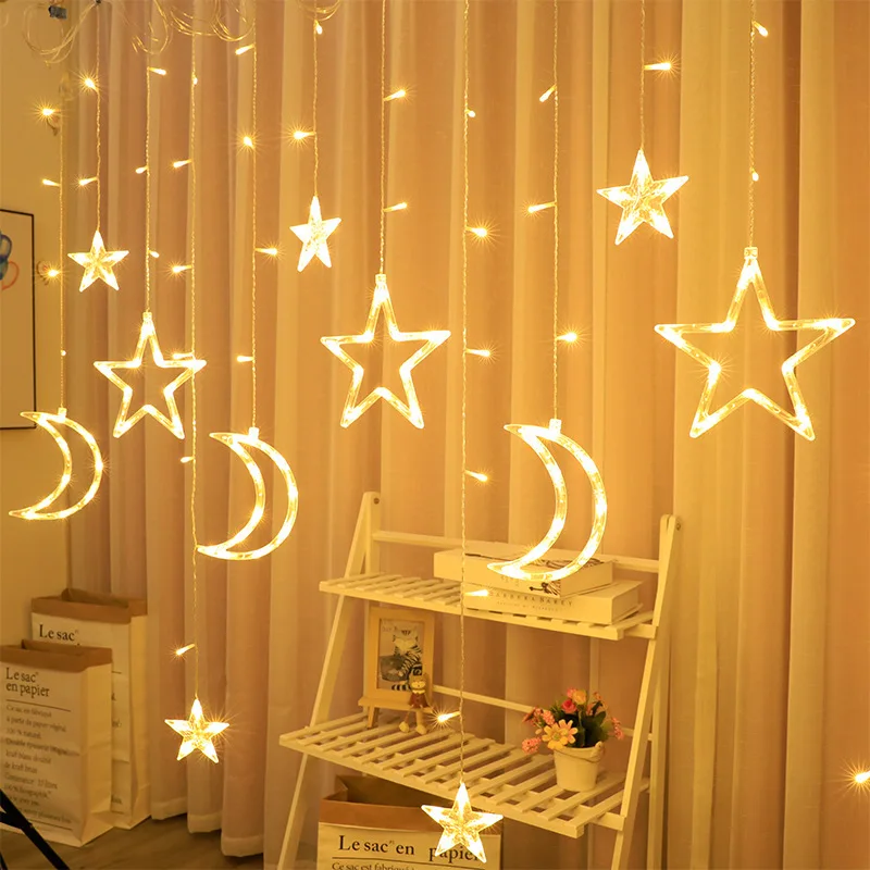 

220V EU Plug Moon Star LED Curtain Lights Christmas Fairy Garlands Outdoor LED Twinkle String Lights Holiday Festival Decoration