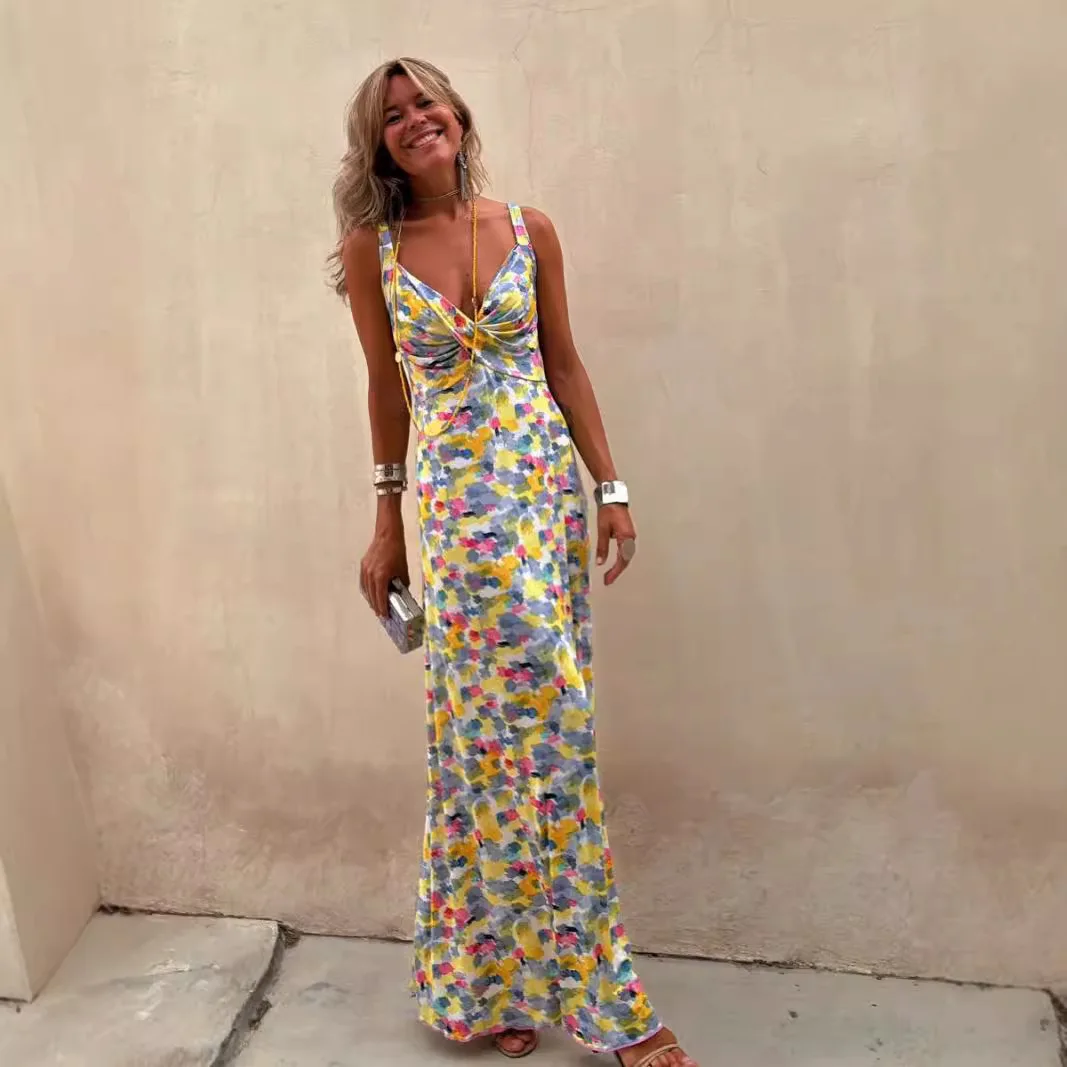 Printed Suspender Long Women\'s Dress 2025 Summer V-neck Slim Party Bodycon Dresses Fashionable Pleated Bohemian Beach Sundress