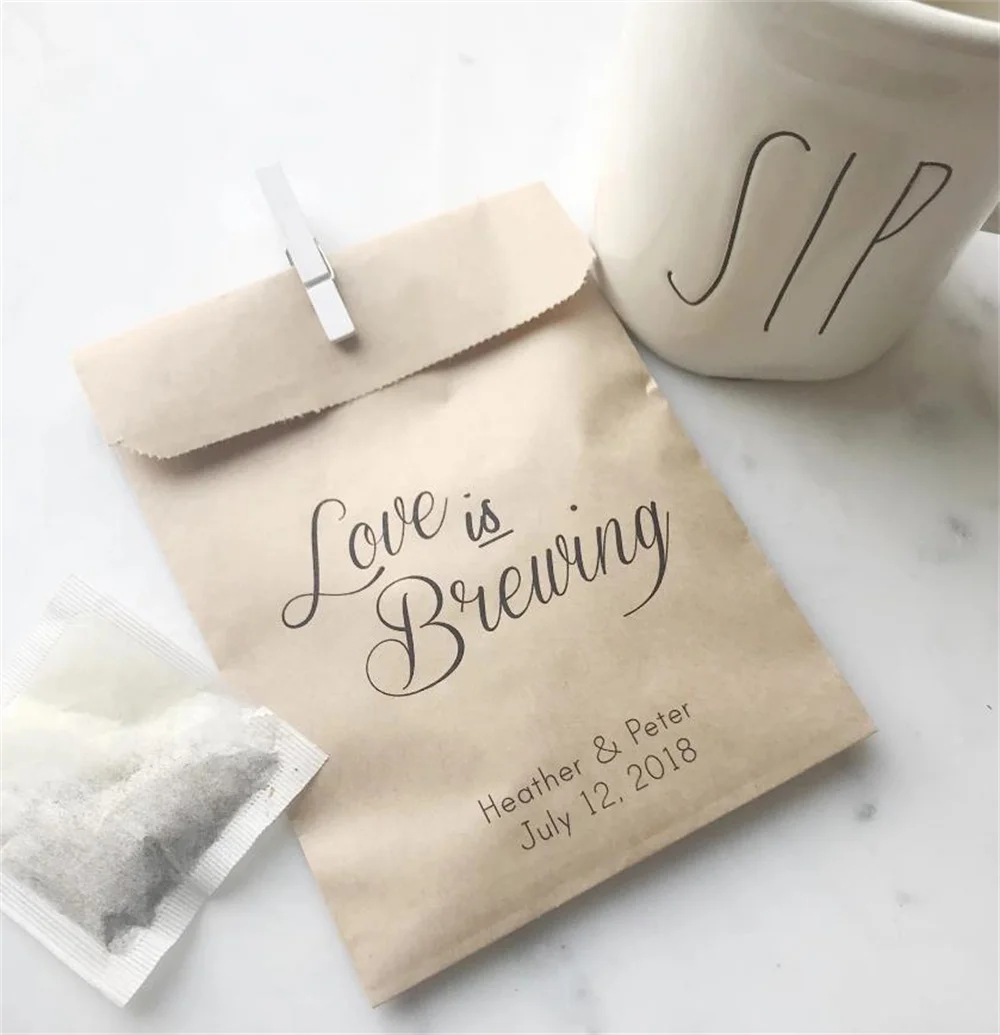 50pcs  Wedding Favor Bags! - Love is Brewing Coffee Beans or Tea Bags & Honey- Favor Bags - Custom Printed on Kraft Brown Paper