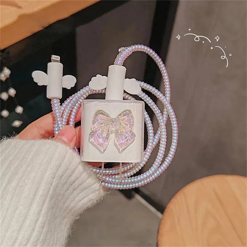 Clear Colorful Bowknot Soft Silicone Charger Case For IPhone 11 12 13 14 15 18/20W Cute Charge Protection Cover Charger Sleeve