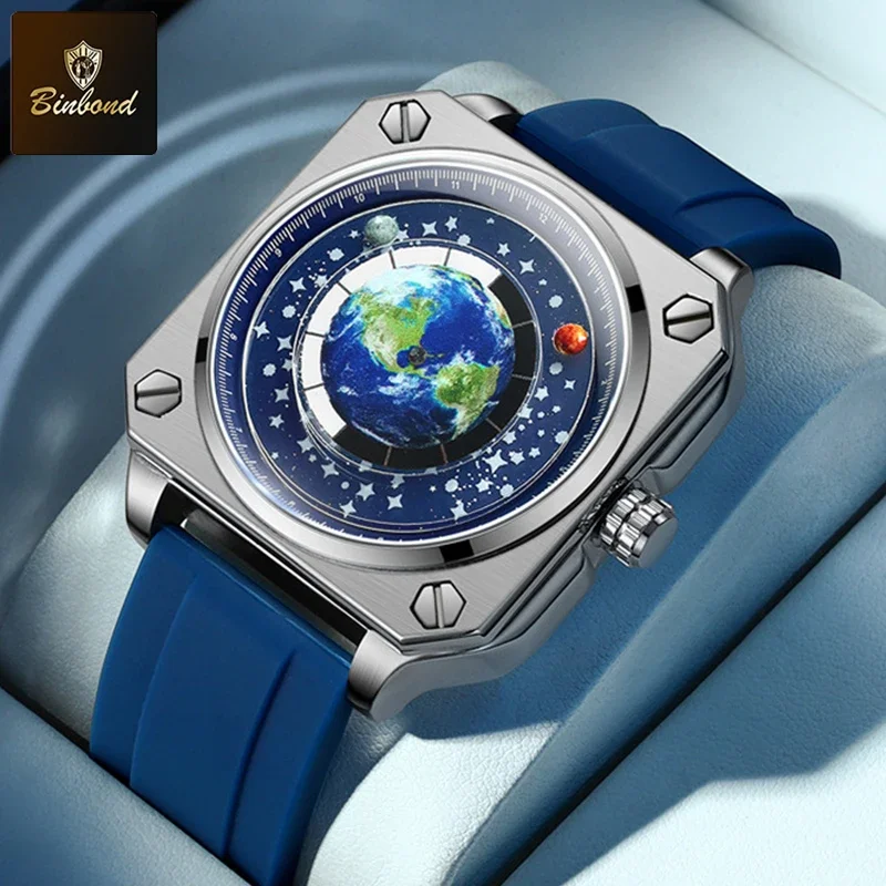BINBOND Fashion Earth Watch For Men Rotating Earth Dial Concept Creative Planet Non Mechanical Pointer Silicone Tape Men Watch