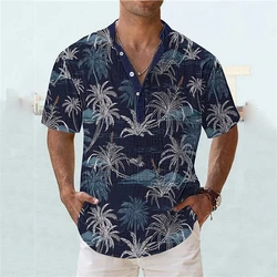 New Hawaiian Shirts For Mens 3D Coconut Tree Print Short Sleeve Shirt Blouse Beach Oversized Tee Henley Shirt Men Clothing 2023