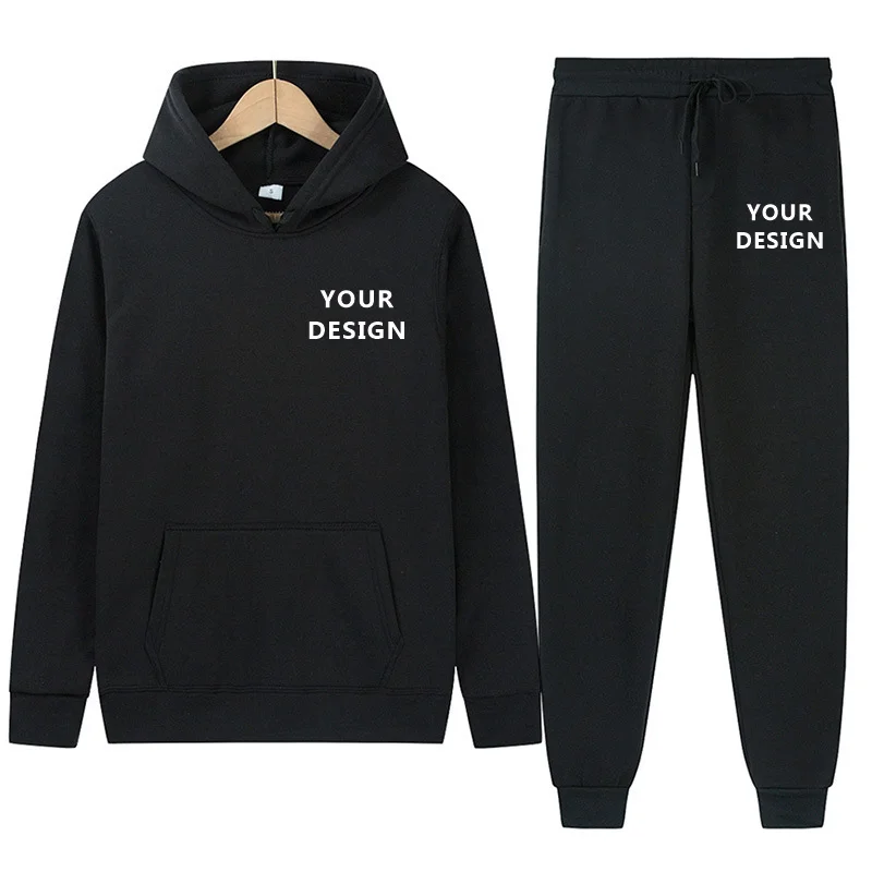 Men's Autumn/Winter New Solid Color Hoodie + Pants Two-Piece Set, Stylish Casual Sports Suit with Custom Printed Logo
