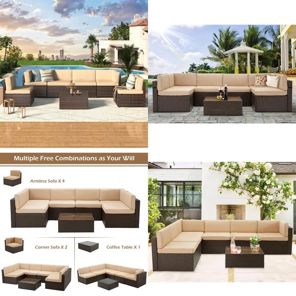 

Outdoor Patio Furniture Set: 7-Piece PE Rattan Wicker Sofa Sectional with Cushions