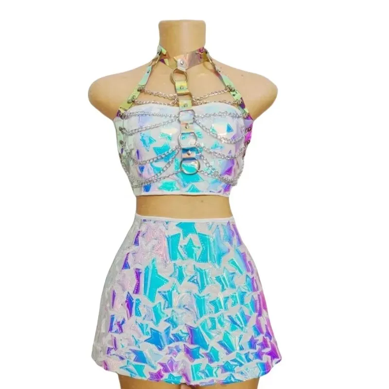 أزياء مثير ملون الترتر المرأة المحاصيل الأعلى وتنورة صغيرة مجموعة هالوين مهرجان حزب الجاز الرقص المغني مرحلة الأداء