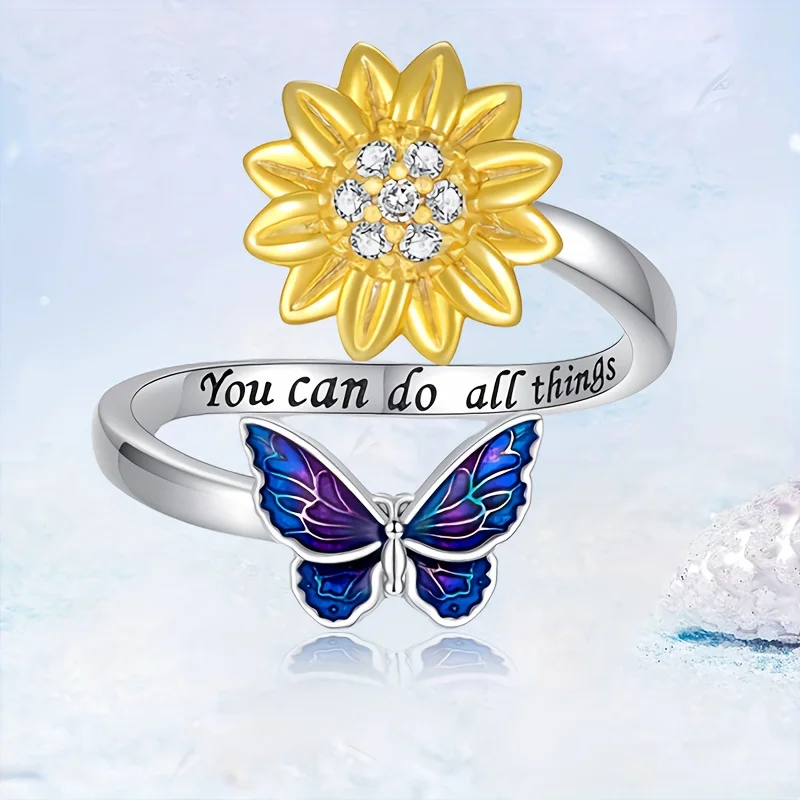 1pc Creative Butterflies and Sunflowers Adjustable Opening Ring, Perfect Gift To Daughter Anniversary Party Gifts, Niche Styles,