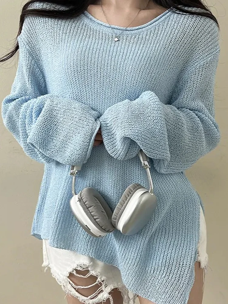 Zonbescherming Lange Sve Ijs Zijde Gebreide Top Dames Dun Ontwerp Koreaanse Losse V-hals Uitgeholde Zoom Split Cover up irt