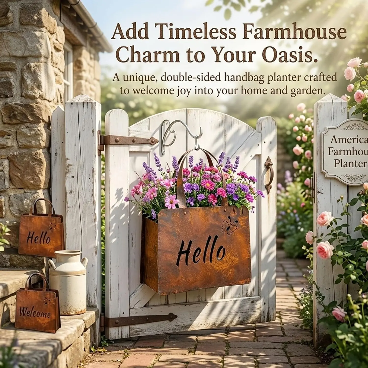 Vintage Metal Handbag Planter with Hello & Welcome Rustic Iron Purse Flower Box with Curved Handle Outdoor Patio Porch Yard Art